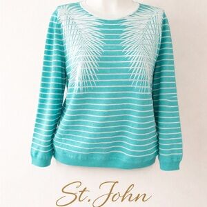 St. John Teal White Palm Leaf Knit Sweater Resort Pullover Size L